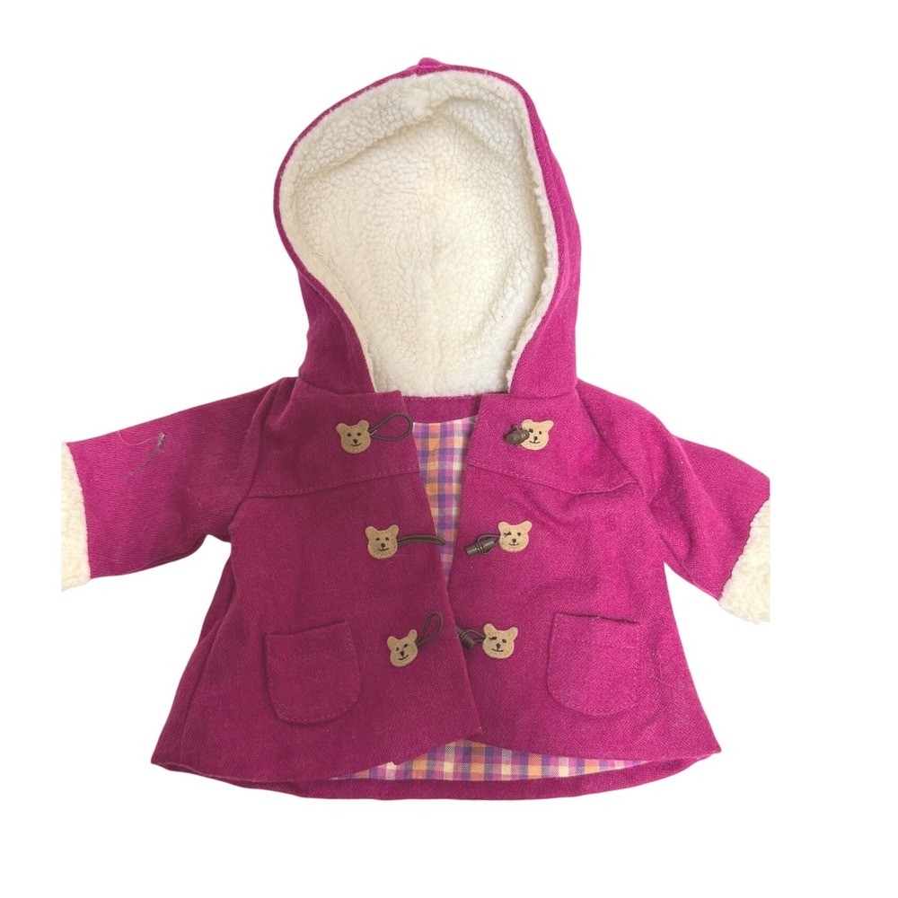 American Girl Doll Bitty Baby Pink Hooded Toggle Coat Bear Buttons Plaid Lining
